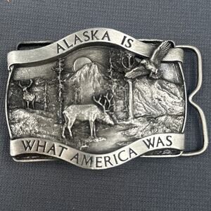 VTG 1981 Alaska Belt Buckle Wildlife Deer Eagle Mountain Western Bergamot Brass